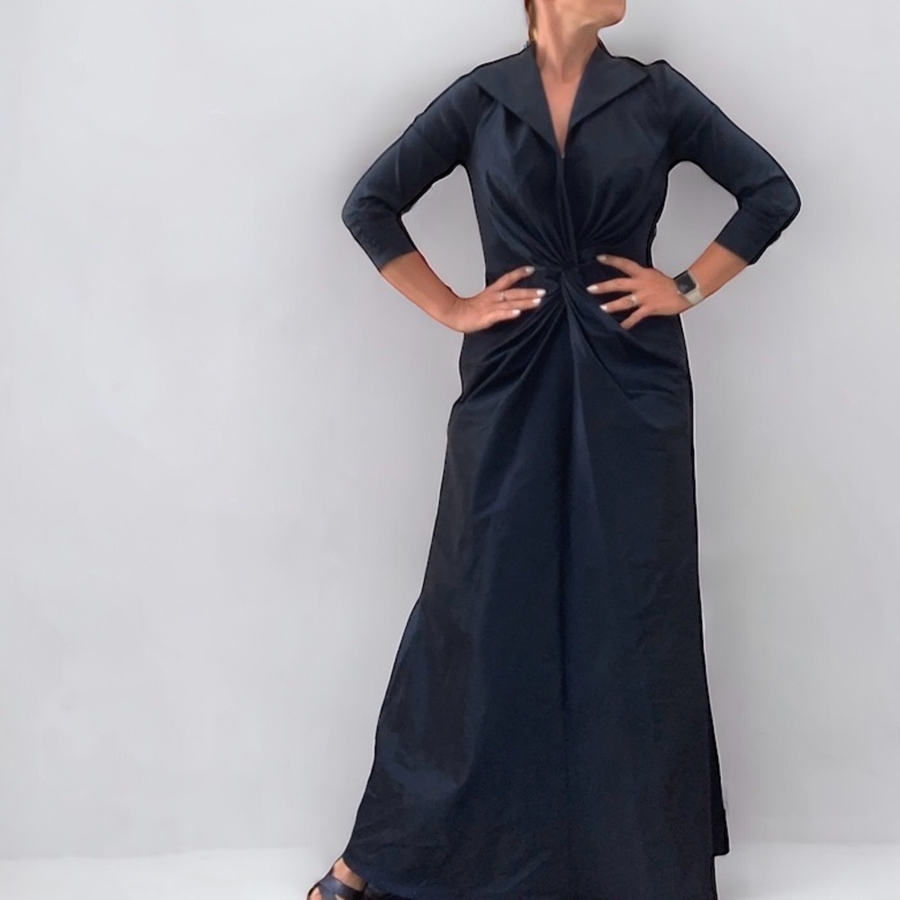 NWT Tadashi Shoji Collection Navy Maxi Dress 3/4 Sleeve Twist Front Long Gown 6